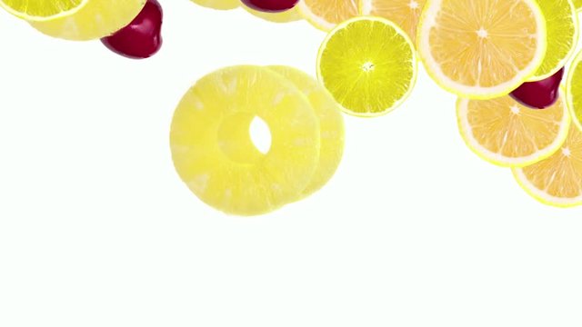 fruits falling on color background