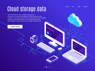 Cloud storage landing page. Synchronization clouds storages and devices, data backup and synchronize apps vector illustration