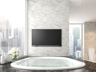 Luxury bathroom with city view 3d render,There are black marble floor and white marble wall.The room has empty tv screen with clipping path.