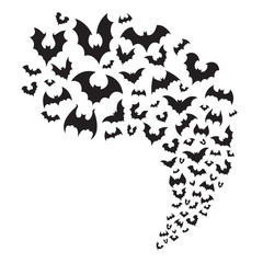 Flying bats flock. Creepy halloween bat fly from cave. Scary nocturnal animal at sky horizontal divider vector illustration