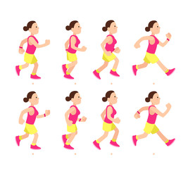 Cartoon running girl animation. Athletic young woman character run or fast walk. Animated motion sport walking vector illustration