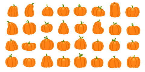 Cartoon orange pumpkin. Halloween october holiday decorative pumpkins. Yellow gourd, healthy squash vegetable vector illustration set