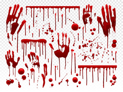 Blood drip. Red paint splash, halloween bloody splatter spots and bleeding hand traces. Dripping bloods horror texture vector set