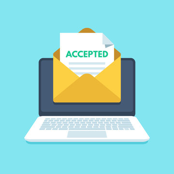 Accepted Email In Envelope. College Acceptance Success Or University Admission Letter. Mail In Laptop Inbox Vector Illustration