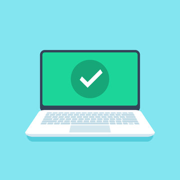 Check mark on laptop screen. Success tick icon or confirmation notification on open laptop display flat vector illustration