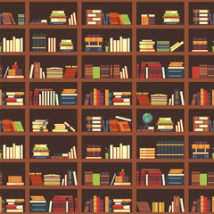 Books in bookcase seamless pattern. School book, science textbook and magazines at bookshelf. College textbooks vector background © Tartila