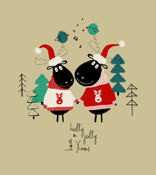 Christmas Card With Couple Of Funny Moose.