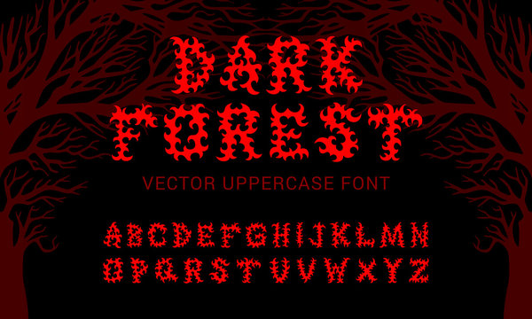 Vector typeface "Dark forest" inspired by death metal music culture. Good for digital lettering, branding materials, t-shirt, print, logo, poster, flyer, album cover and more.