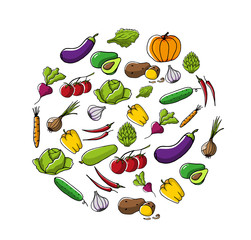 Set of fresh seasonal vegetables.  Eggplant, pepper, radish, zucchini, pumpkin, carrot, lettuce, bow, garlic tomatoes cucumber potato and cabbage sketch in color arranged in a circle