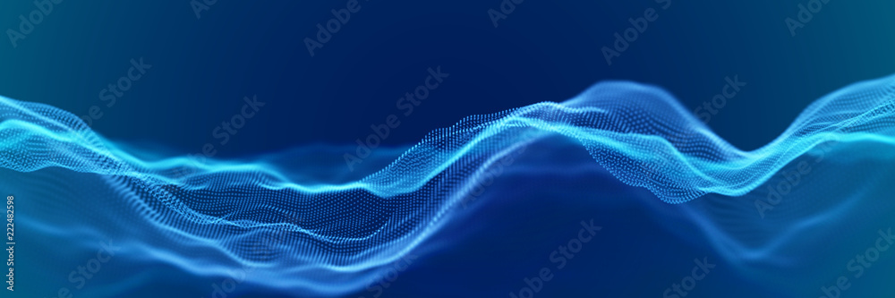 Wall mural abstract digital landscape or waves with flowing particles. big data or technology background. visua
