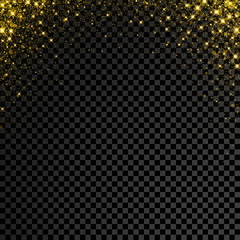 Gold glitter confetti on transparent background. Vector star sparkle rain with glowing shine splatter explosion texture on black background