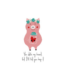 Lovely Piggy Holding Jar With Heart.