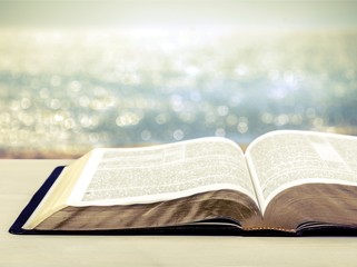 Big opened book on blurred natural background