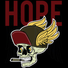 Ilustracion de craneo con gorra y alas con texto