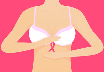 Woman in white bra and pink ribbon. National Breast Cancer Awareness Month concept.
