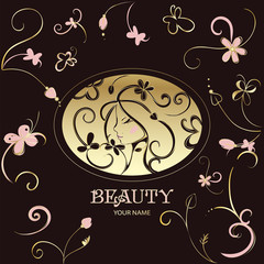 Beauty salon gold logo. Floral vintage frame of young beautiful woman. Beautiful woman head abstract logo template cosmetics spa hair logo concept icon