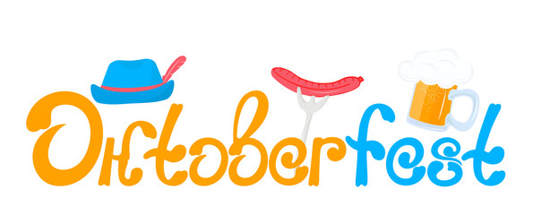 Oktoberfest Hand drawn lettering. Mug of beer, sausage and hat with a feather.