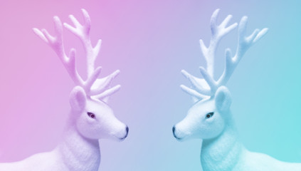 Two White Deers Pastel Neon Gradient Colors Minimal Style Art Copy Space Christmas Winter Concept