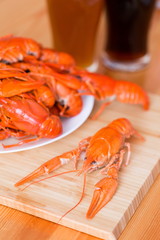 Food. Crawfish, two glasses beer