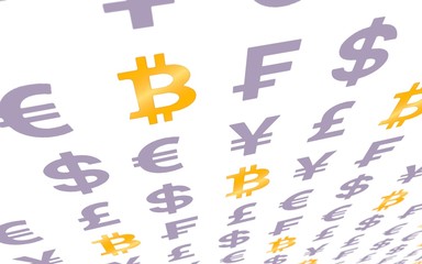 Bitcoin and currency on a white background. Digital Cryptocurrency symbol. Business concept. Market Display. 3D illustration