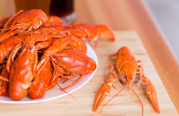 Food. Crawfish, two glasses beer