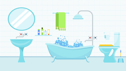 Interior of a bathroom with a toilet and accessories for washing and taking a shower. Flat cartoon illustration. Objects isolated on background.