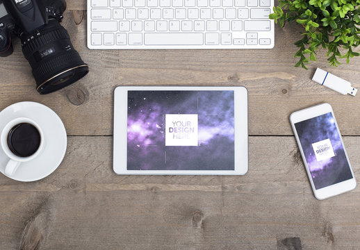 Smartphone and Tablet on Wooden Desk with Camera  Mockup