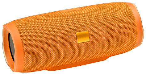 Orange bluetooth wireless speaker, isolated on white background.