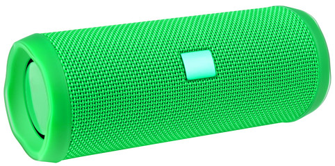 Green bluetooth wireless speaker isolated on white background.