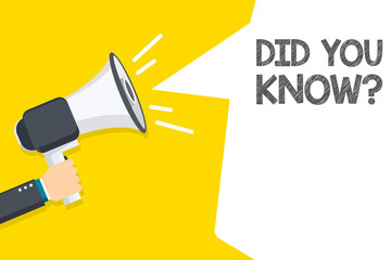 Hand holding megaphone with Did You Know text. Hand holding megaphone with open space for your text.