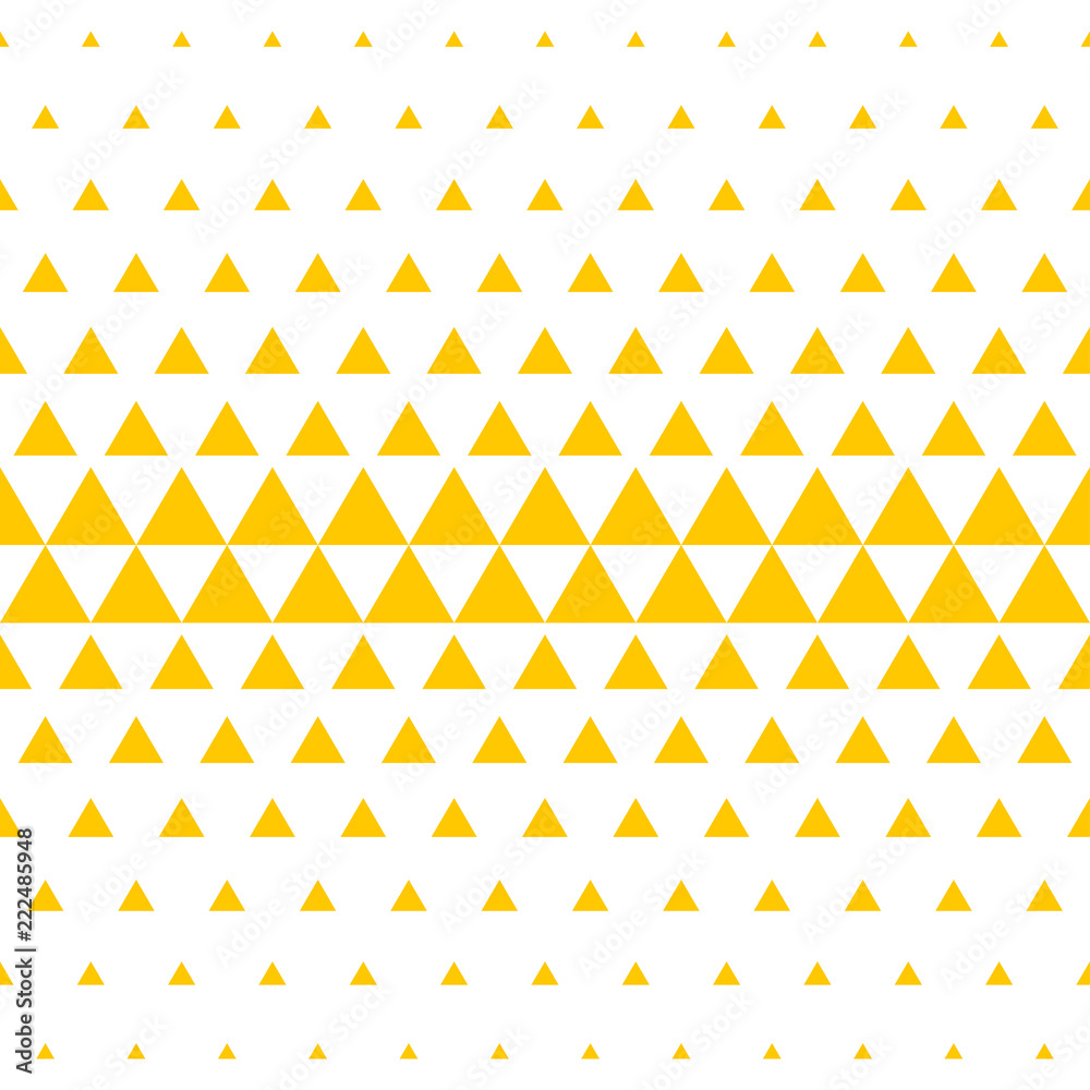Poster Yellow and white triangular halftone background. Vector abstract seamless pattern of irregular triangles in mosaic color transition design