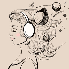 Beautiful happy girl with headphones on her head, stars and moon. Vector space style illustration.
