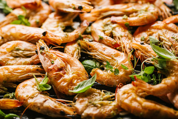 Roasted grilled shrimps on pan