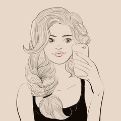Young beautiful woman with tail hairstyle taking selfie on smartphone. Vector fashion illustration.