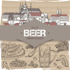 Beer travel destination template with Prague old town sketch, beer mug, chips, nuts, chicken wings and snack plate.