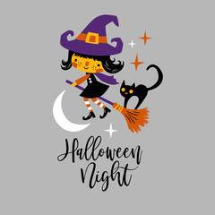 Cute vector Halloween witch and black cat with moon and stars. Perfect for tee shirt logo, poster or card design. 