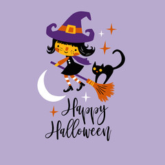 Cute vector Halloween witch and black cat with moon and stars. Perfect for tee shirt logo, poster or card design. 