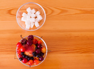 Food. Sugar and cherry, peach, apricot, currant