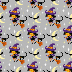 Cute vector Halloween witch and black cat with moon and stars. 