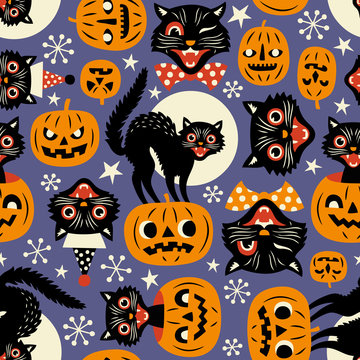 Vintage spooky cats and halloween pumpkins seamless vector pattern on purple background.