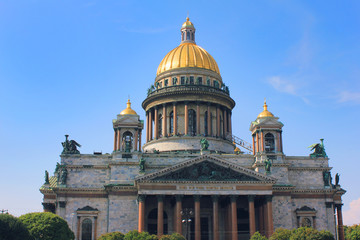 Fototapeta na wymiar Saint Isaac's Cathedral in St. Petersburg, Russia. Orthodox Church and Museum Building, Famous Saint Petersburg City Travel Landmark. Saint Isaac Cathedral Outdoor View on Beautiful Sunny Summer Day