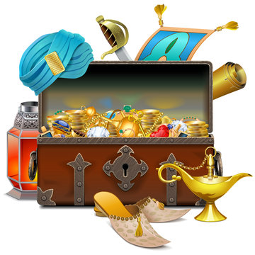 Vector Old Eastern Chest with Treasures