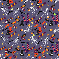 Seamless pattern of colorful Halloween candy and skeleton. 