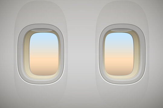 Airplane window, realistic aircraft interior, vector background