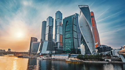 Panoramic view of Moscow city and Moskva River at sunset. New modern futuristic skyscrapers of Moscow-City - International Business Center