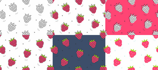 Materiał do szycia Set of red Raspberries seamless pattern. Vector illustration