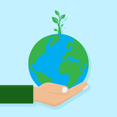 Green environment earth illustration vector flat, hand hold earth illustration, green plant, flat design vector illustration