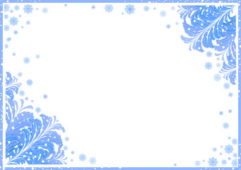 winter frame with ice patterns on the corners, snowflakes and snow. for photo, announcement, presentation, greeting card, invitation, certificate, voucher