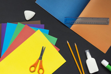 supplies for applique top view. Artwork workplace with creative accessories. Flat lay art tools....