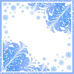 Fototapeta na wymiar winter frame with ice patterns on the corners, snowflakes and snow. for photo, announcement, presentation, greeting card, invitation, certificate, voucher